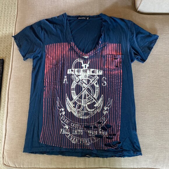 Alternative Brand - Blue Pink & White Distressed V Neck T Shirt with pocket - M - Picture 6 of 10